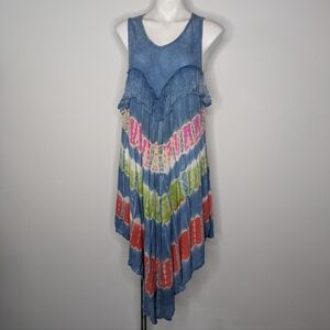 Emily Stacy Blue Green Tie Dye Sleeveless Rayon Handkerchief Hem Boho Dress OS